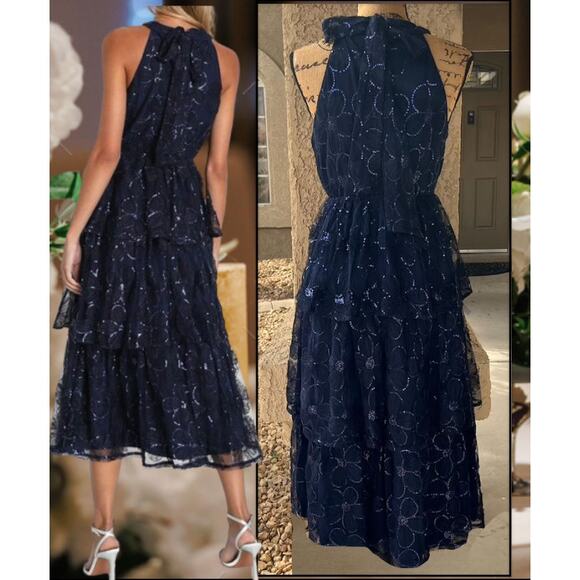 Lulus Navy Blue Sequins Floral Tiered Halter Midi Dress Size M - Picture 6 of 11